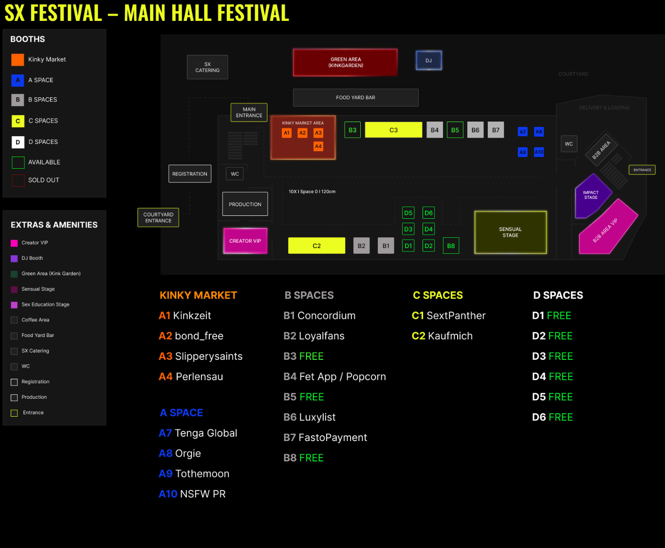 SX Festival main hall floor plan with booth and space markers.